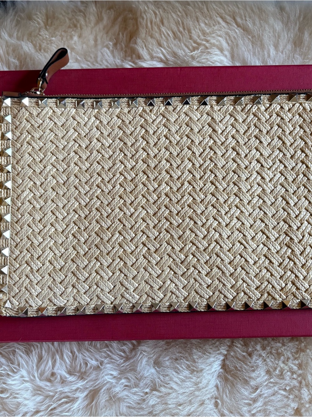 Valentino Garavani Natural Raffia/Leather Flat Pouch with Gold Stud Trim. 13x8
